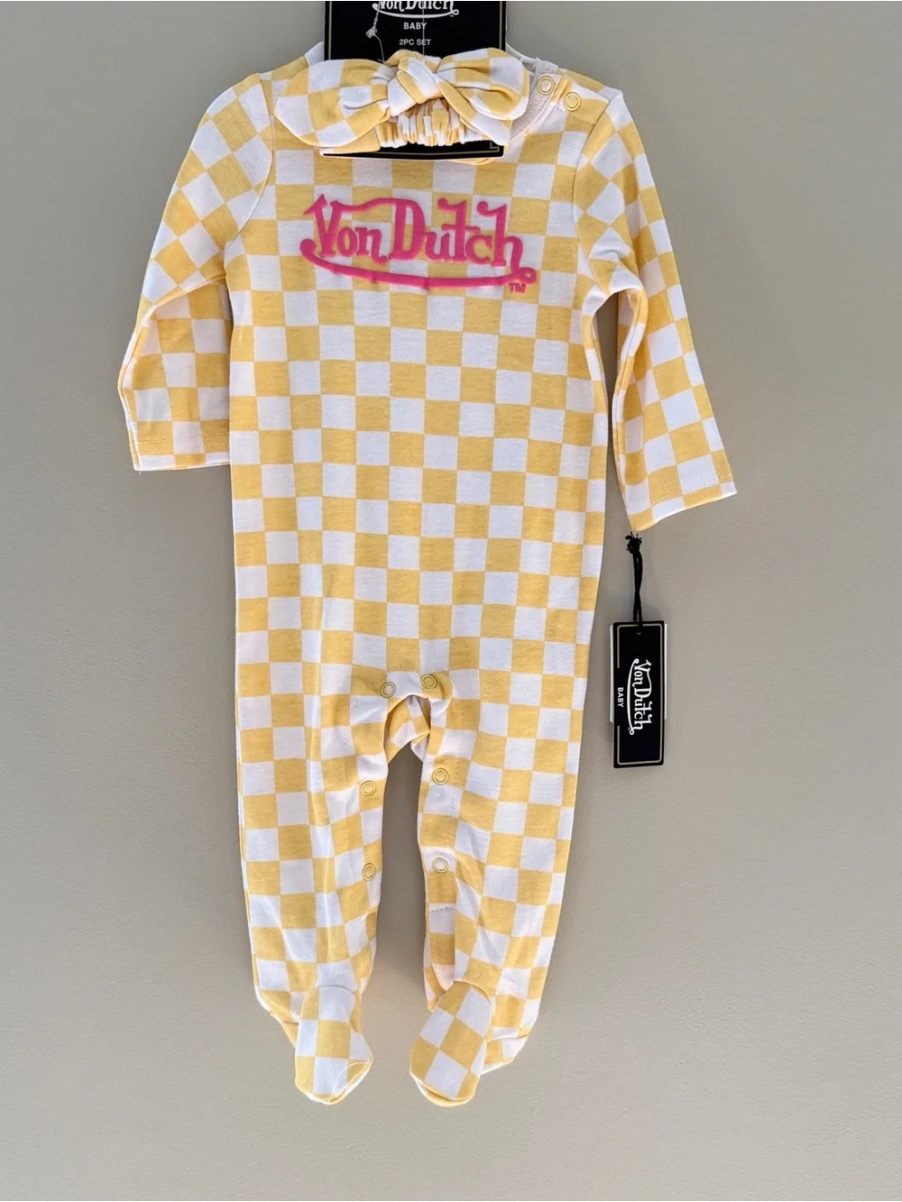 Von Dutch Baby Girl Yellow Checkered Baby One-Piece with Matching Headband NWT